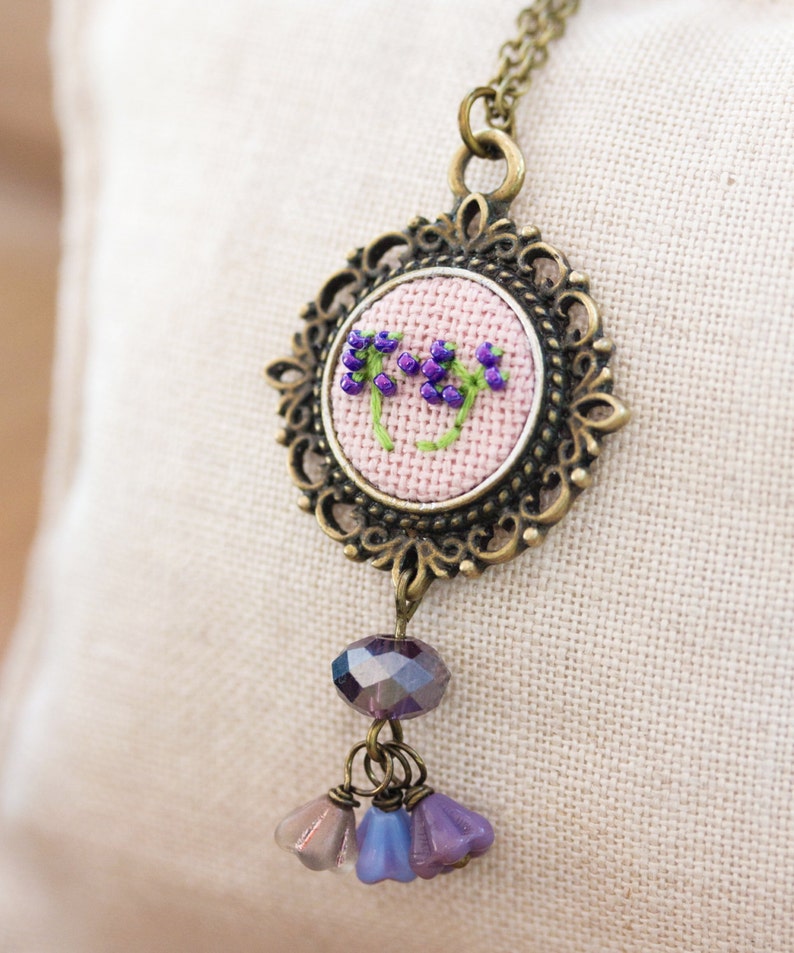 Braille necklace LOVE embroidered dandelion, floral, Victorian vintage style n034 image 1