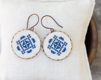 Cross stitch dangle earrings, hand embroidered statement earrings e021