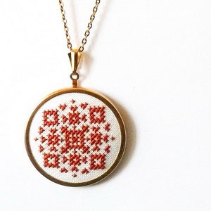 Statement cross stitch necklace with ethnic inspired embroidery in terracotta color n014 image 3