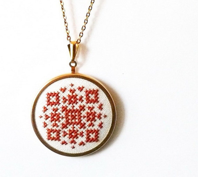 Statement cross stitch necklace with ethnic inspired embroidery in terracotta color n014 image 3