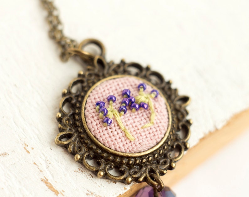 Braille necklace LOVE embroidered dandelion, floral, Victorian vintage style n034 image 3