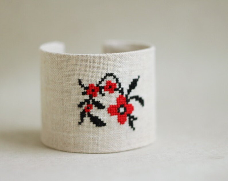 Wide cuff bracelet with red and black floral embroidery Ukrainian Ethnic collection br007 image 1