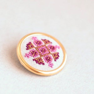 Ethnic hand embroidered brooch - pink and purple - b001