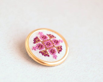 Ethnic hand embroidered brooch - pink and purple - b001