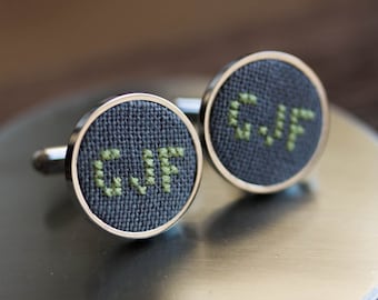 Monogram cufflinks, custom wedding cufflinks, personalized cufflinks for groom, groomsmen, grey fabric - i021