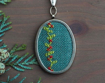 Hand embroidered necklace Branch of berries n006