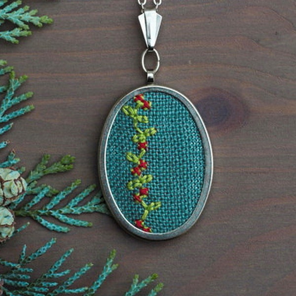 Hand embroidered necklace Branch of berries n006