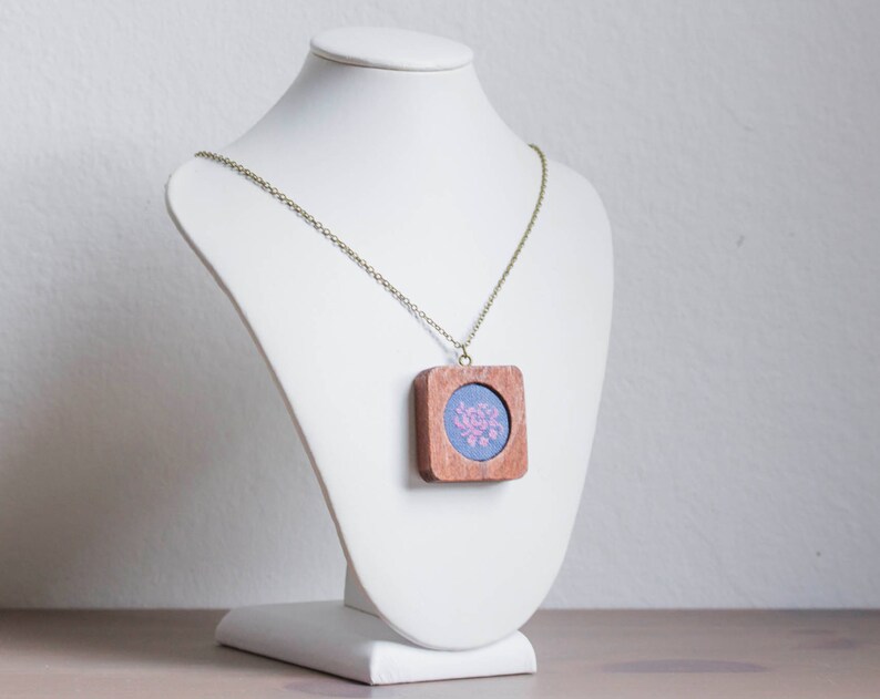 Floral embroidery necklace wooden frame necklace n075 Etsy
