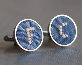 Initials cufflinks, gift for him, Personalized groomsmen cufflinks, Custom wedding cuff links - blue fabric