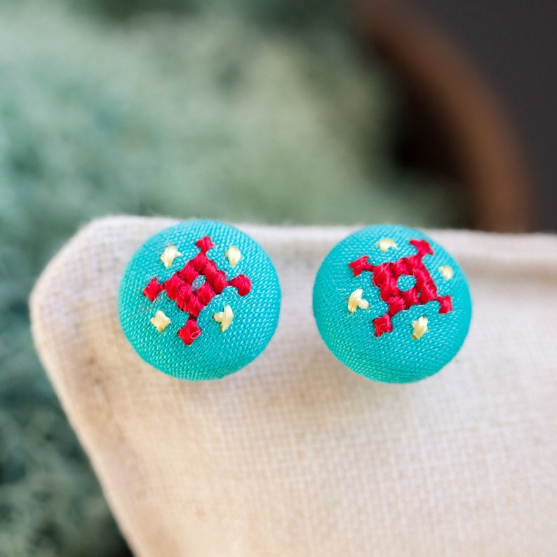 Tiny mint stud earrings ethnic hand embroidery e014 Etsy