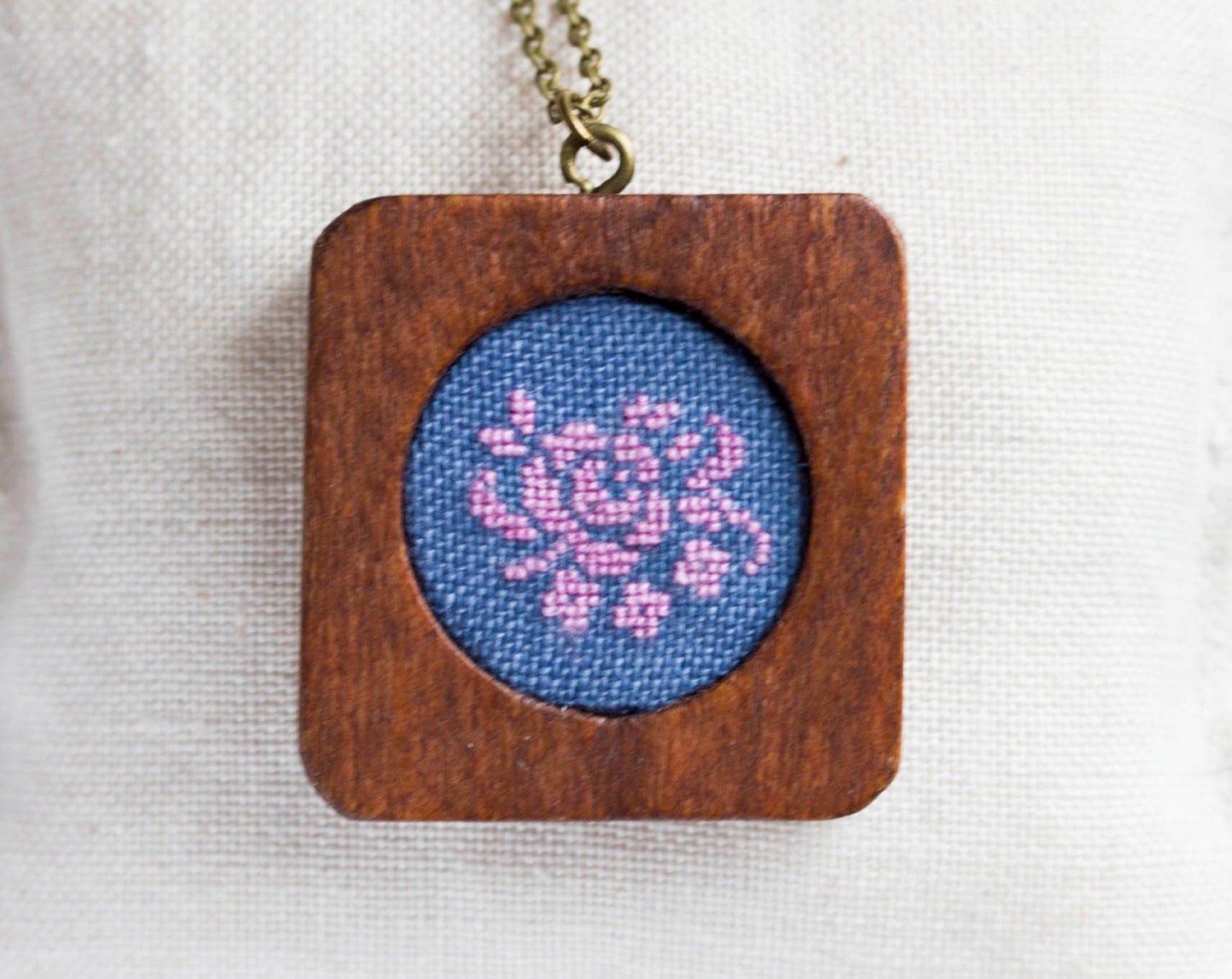 Floral embroidery necklace wooden frame necklace n075 Etsy