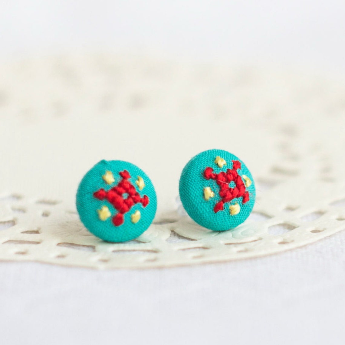 Tiny mint stud earrings ethnic hand embroidery e014 Etsy