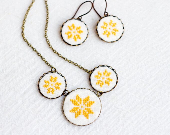 Cross Stitch Jewelry Set Necklace and Earrings With Golden Etsy