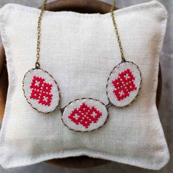 Cross stitch necklace - casual textile necklace n010