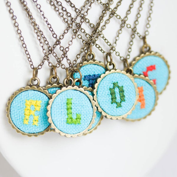 Personalized initial necklace, bright blue fabric