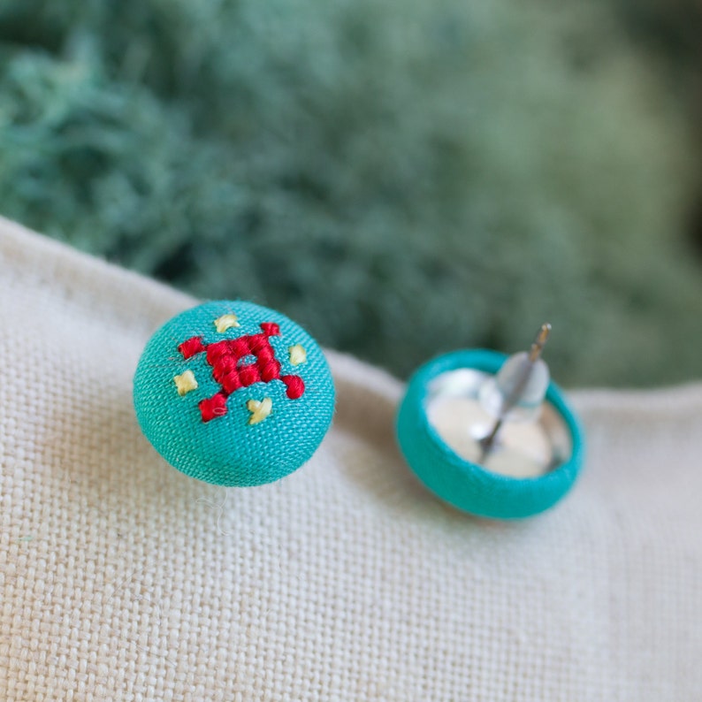 Tiny mint stud earrings ethnic hand embroidery e014 Etsy