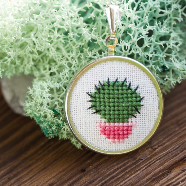 Little cactus - hand embroidered necklace, botanical jewelry n054
