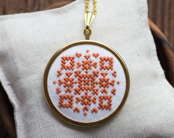 Statement cross stitch necklace with ethnic inspired embroidery in terracotta color n014