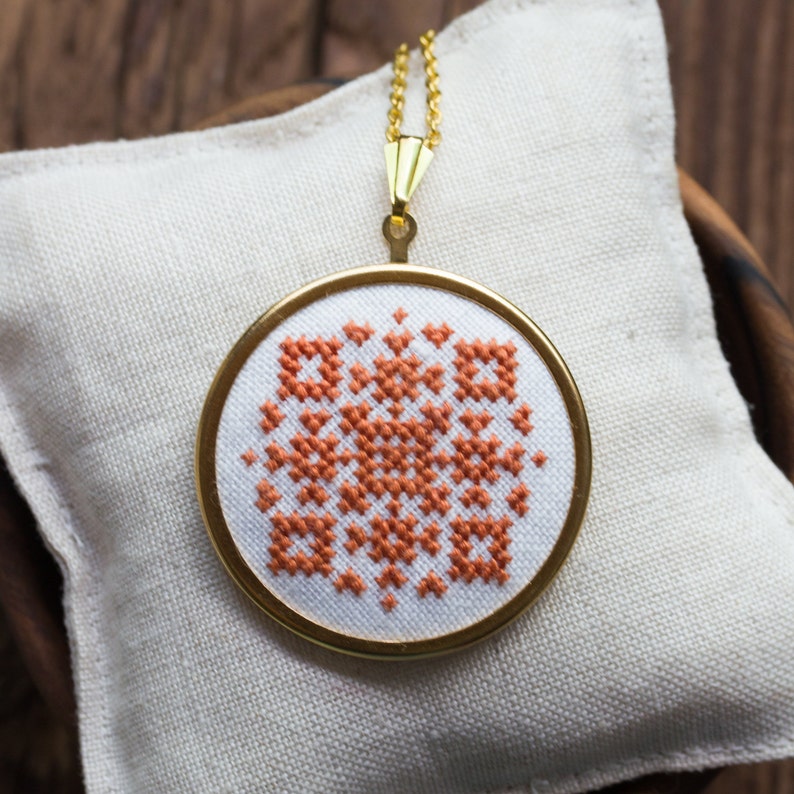 Statement cross stitch necklace with ethnic inspired embroidery in terracotta color n014 image 1