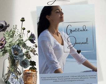 May include: A blue and white gratitude journal with a silver border and a black heart. The cover features a woman sitting on a beach with her eyes closed. The text on the cover reads "Gratitude Journal".