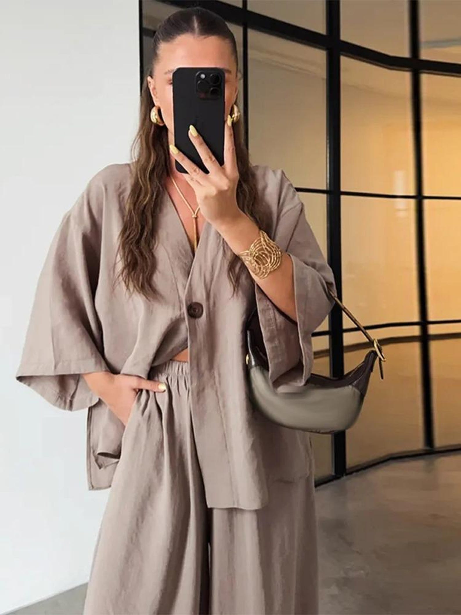 Women's Casual V-neck Pullover Long Sleeve + Pocket Trousers Cotton and Linen Suit