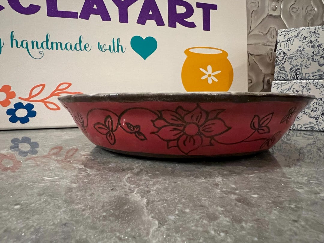 Hand Carved Red Glaze Pottery Bowl: Wheel Thrown Clay - Etsy