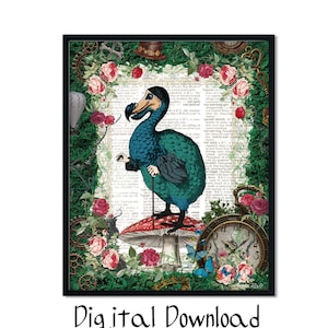 Decoração de Alice no País das Maravilhas, pôster de livro, impressão de arte de dicionário, arte de parede para impressão, chá do Chapeleiro Maluco, pássaro Dodô, impressão digital, Jpg