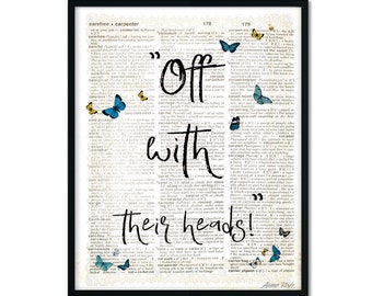 Alice in Wonderland Decoration, Book Poster, Printable Wall Art, Mad Hatter Tea Party, Quotes, Off with their Heads, Digital Print, Jpg