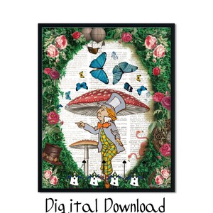 Alice in Wonderland Decoration, Book Poster Print, Printable Wall Art, Mad Hatter Tea Party, Rose Garden, Nursery Room, Digital Print, Jpg