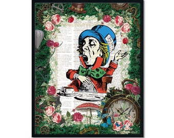 Alice in Wonderland Decoration, Book Poster, Dictionary Art Print, Printable Wall Art, Mad Hatter Tea Party, Enjoy Tea Time, Jpg