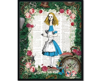 Alice in Wonderland Decoration, Book Poster, Dictionary Art Print, Printable Wall Art, Mad Hatter Tea Party, Long Neck Alice, Favor, Jpg