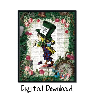 Alice in Wonderland Decoration, Book Poster, Dictionary Art Print, Printable Wall Art, Mad Hatter Tea Party, Frightened Hatter, Favor, Jpg