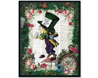 Alice in Wonderland Decoration, Book Poster, Dictionary Art Print, Printable Wall Art, Mad Hatter Tea Party, Frightened Hatter, Favor, Jpg