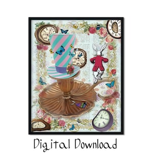 Alice in Wonderland Decoration, Book Poster, Printable Wall Art, Mad Hatter Tea Party, Running Rabbit, Nursery Room, Digital Print, Jpg