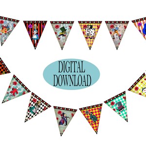 Alice in Wonderland Decoration, Printable Art, PNG for Cricut, PDF, Garland Banners, Mad Hatter Tea Party, Triangle Vivid Rainbow Bunting