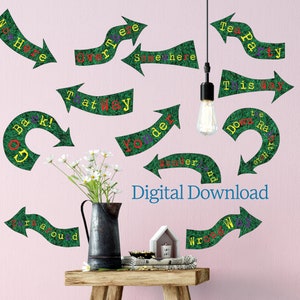 Alice in Wonderland Decoration, Printable Art, PNG for Cricut, PDF, Arrow Signs, Mad Hatter Tea Party, Moss decorated, Wall Art