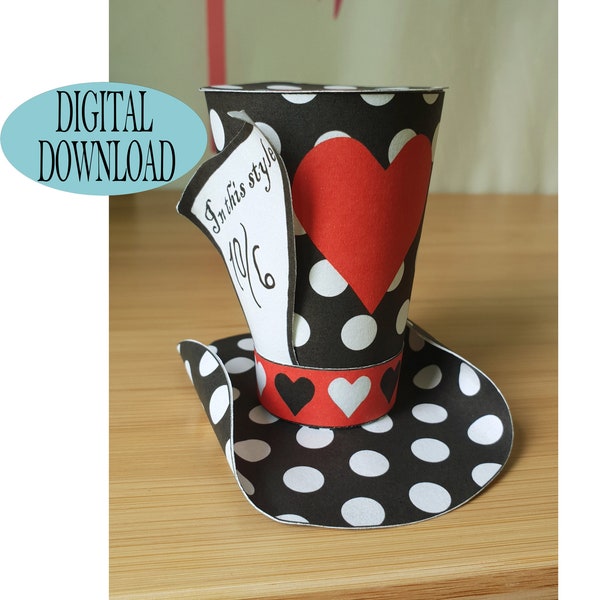 Alice in Wonderland Decoration, 3" Mad Hatter Mini Top Hat Template Including Unique Pattern, White Dot's, Tea Party, Os1A