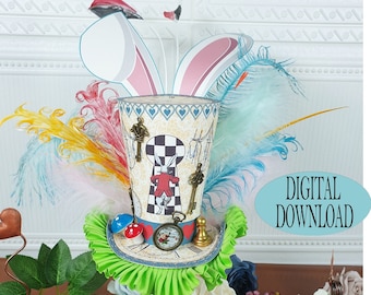 Decorazione Alice nel Paese delle Meraviglie, Cappello Centrotavola, Modello con Motivo Unico, Cappello Cappellaio Matto da 4,7", Orecchie da Coniglio, Tea Party, Ab1A