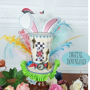 Alice in Wonderland Decoration, Centerpiece Hat, Template Including Unique Pattern, 4.7&quot; Mad Hatter Hat, Bunny Ears, Tea Party, Ab1A