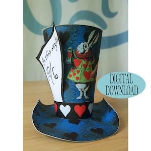 Alice in Wonderland Decoration, 3&quot; Mad Hatter Mini Top Hat Template Including Unique Pattern, Rabbit Blowing, Tea Party, Favor, Os2B