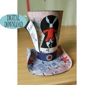 Alice in Wonderland Decoration, 3&quot; Mad Hatter Mini Top Hat Template Including Unique Pattern, Running Rabbit, Tea Party, Favor, Os1A