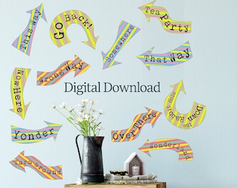 Alice in Wonderland Decoration, Printable Art, PNG for Cricut, PDF, Arrow Signs, Mad Hatter Tea Party, Pastel Rainbow Striped Wall Art
