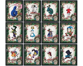 Decorazioni Alice nel Paese delle Meraviglie, Set di poster di 12 libri, Arte da parete stampabile, Tea Party del Cappellaio Matto, Personaggi, Stampa digitale 8x10, Pacchetto Jpg