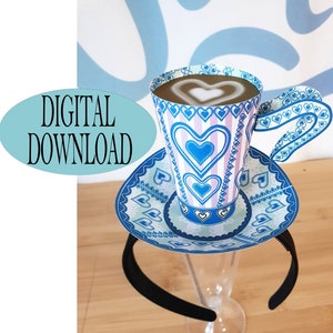 Alice in Wonderland Decoration, 3&quot; Tea Cup Mini Hat Template Including Unique Pattern, Blue Floral 01, Mad Hatter Tea Party, Favors, Ts2B