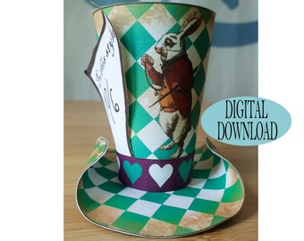 Alice in Wonderland Decoration, 3" Mad Hatter Mini Top Hat Template Including Unique Pattern, Queen Heart, Rabbit, Chess, Tea Party, Os2B