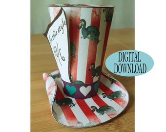 Alice in Wonderland Decoration, 3" Mad Hatter Mini Top Hat Template Including Unique Pattern, Queen Heart, Red Striped, Tea Party, Os2B