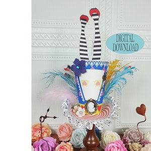 Alice in Wonderland Decoration, 10" Decor Template Including Unique Pattern, 4.7" Mad Hatter Hat, Alice Legs, Tea Party, Ab1A
