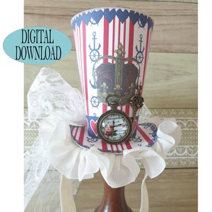 May include: A red, white, and blue paper top hat with a crown, anchor, and compass design. A pocket watch with a floral design is attached to the hat.