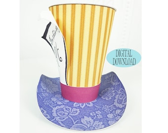 Decorazione Alice nel Paese delle Meraviglie, modello mini cappello a cilindro da 3" Cappellaio Matto con motivo unico, strisce gialle, Tea Party, bomboniera, Zh1A