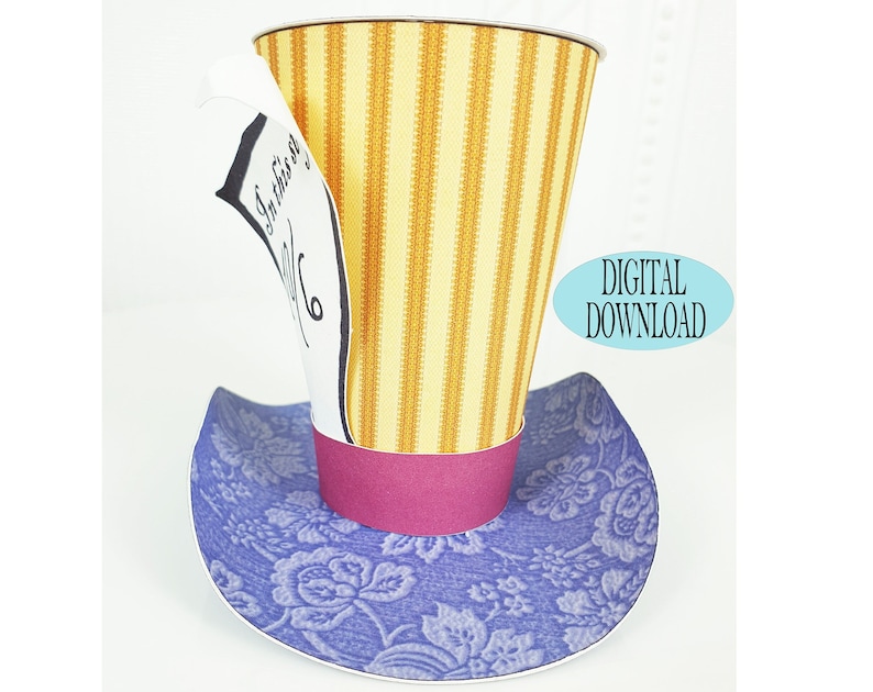 Alice in Wonderland Decoration 3 Mad Hatter Mini Top Hat Template Including Unique Pattern Yellow Striped Tea Party Favor